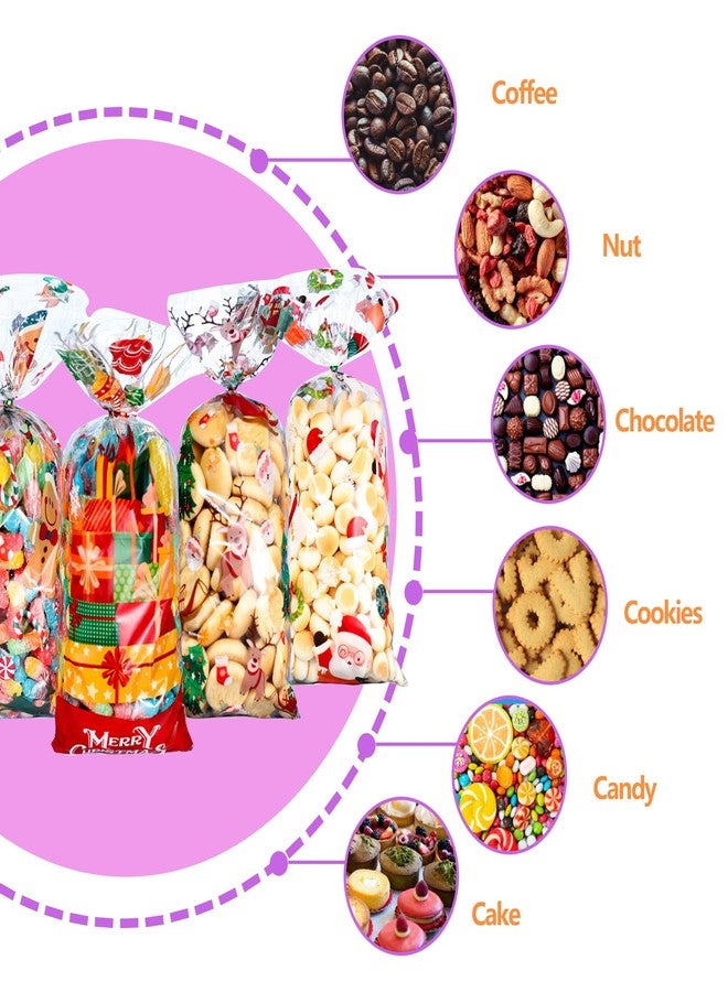 CUUSNNY 100 PCS Christmas Cellophane Treat Bags,9 Styles Clear Xmas Candy Goodie Bags with Twist Ties for Holiday Party Favors,Santa Claus Snowman Snowflake Gift Bags - Image 4